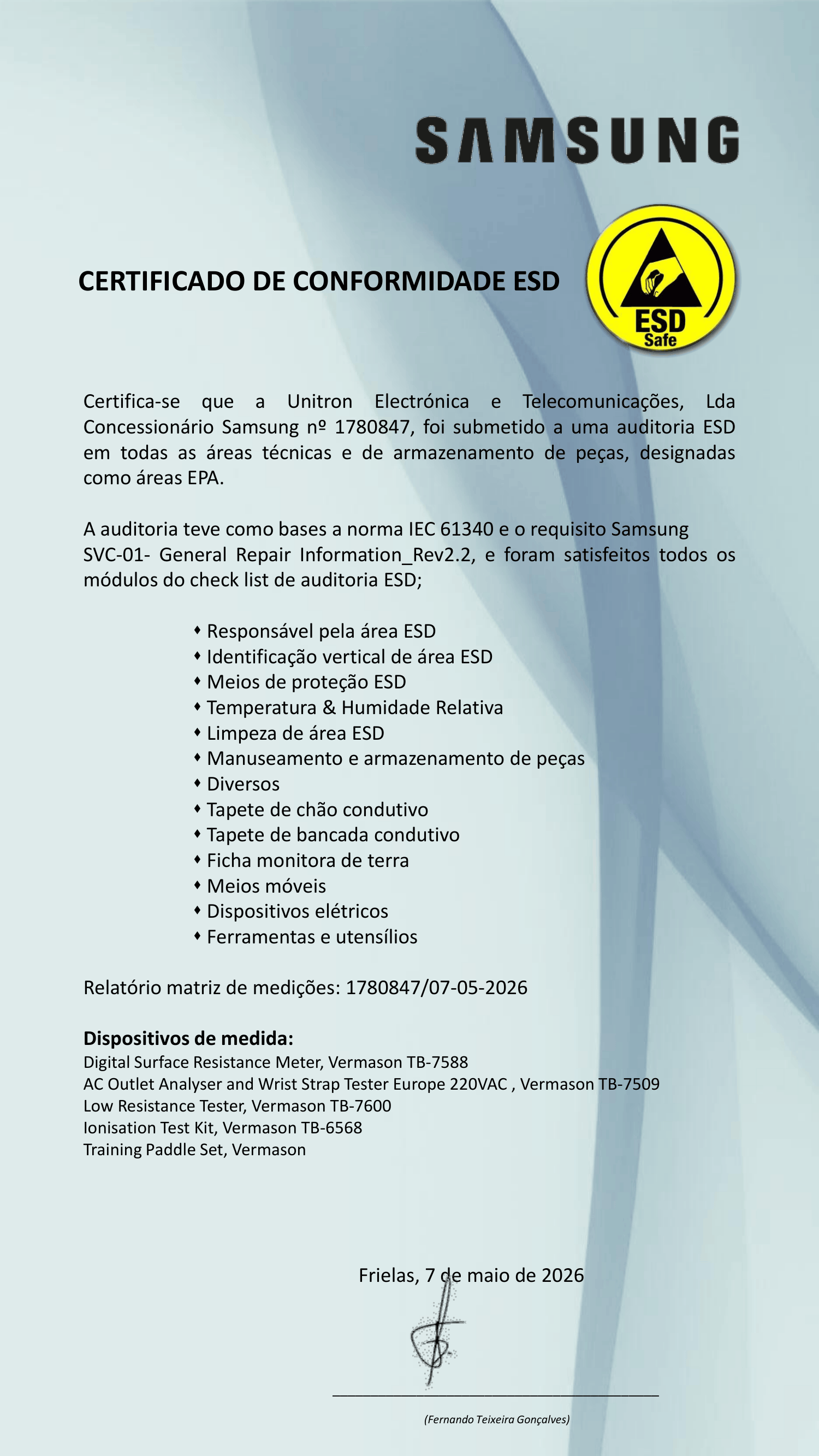 Samsung - Certificado de Conformidade ESD